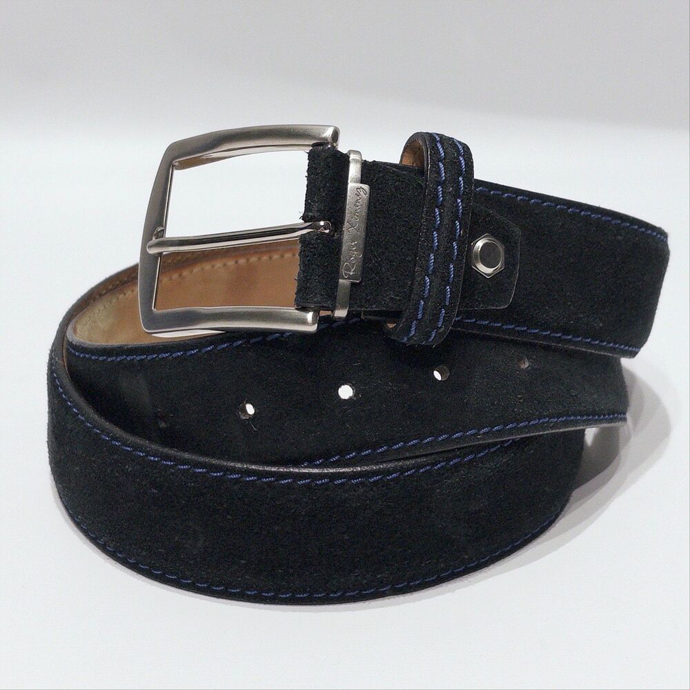 Roger Ximenez Black Suede Leather Belt Blue Stitching ~ Men 38-42 (47"x1.5") A4